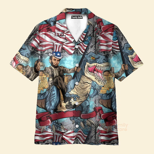Flag Dinosaur Chest Pocket Short Sleeve Casual Shirt Hawaiian Shirt