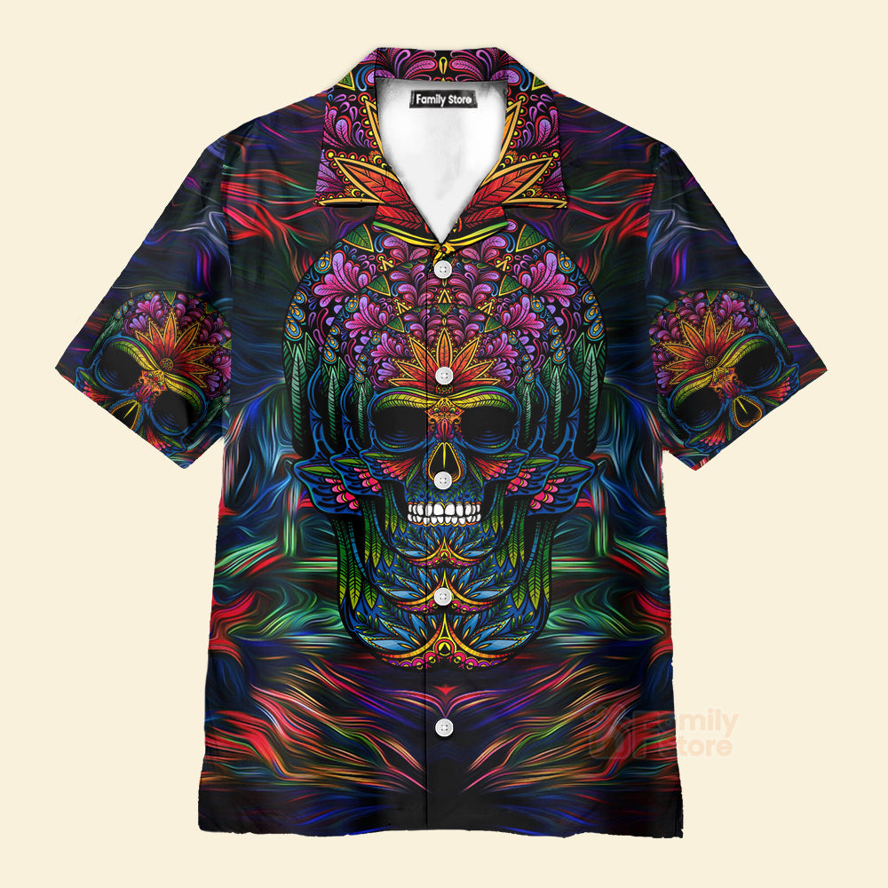 Skull Neon Light And Flower Pattern - Hawaiian Shirt