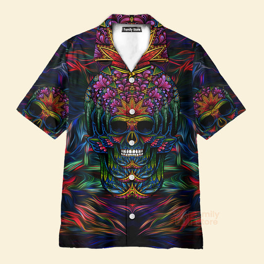 Skull Neon Light And Flower Pattern - Hawaiian Shirt