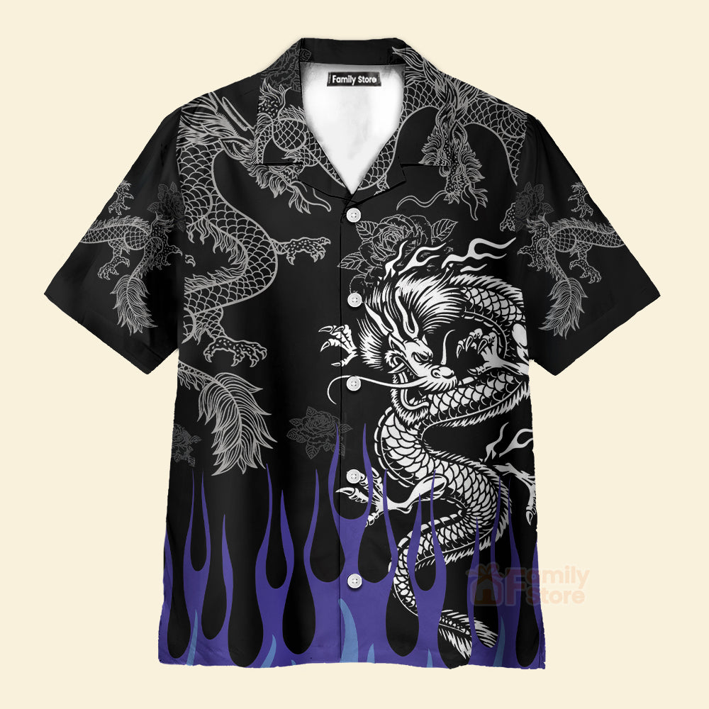 Tribal Tattoo Dragon With Blue Flame Hawaiian Shirt
