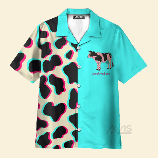 Checkered Cow Pattern Cream And Blue - Hawaiian Shirt