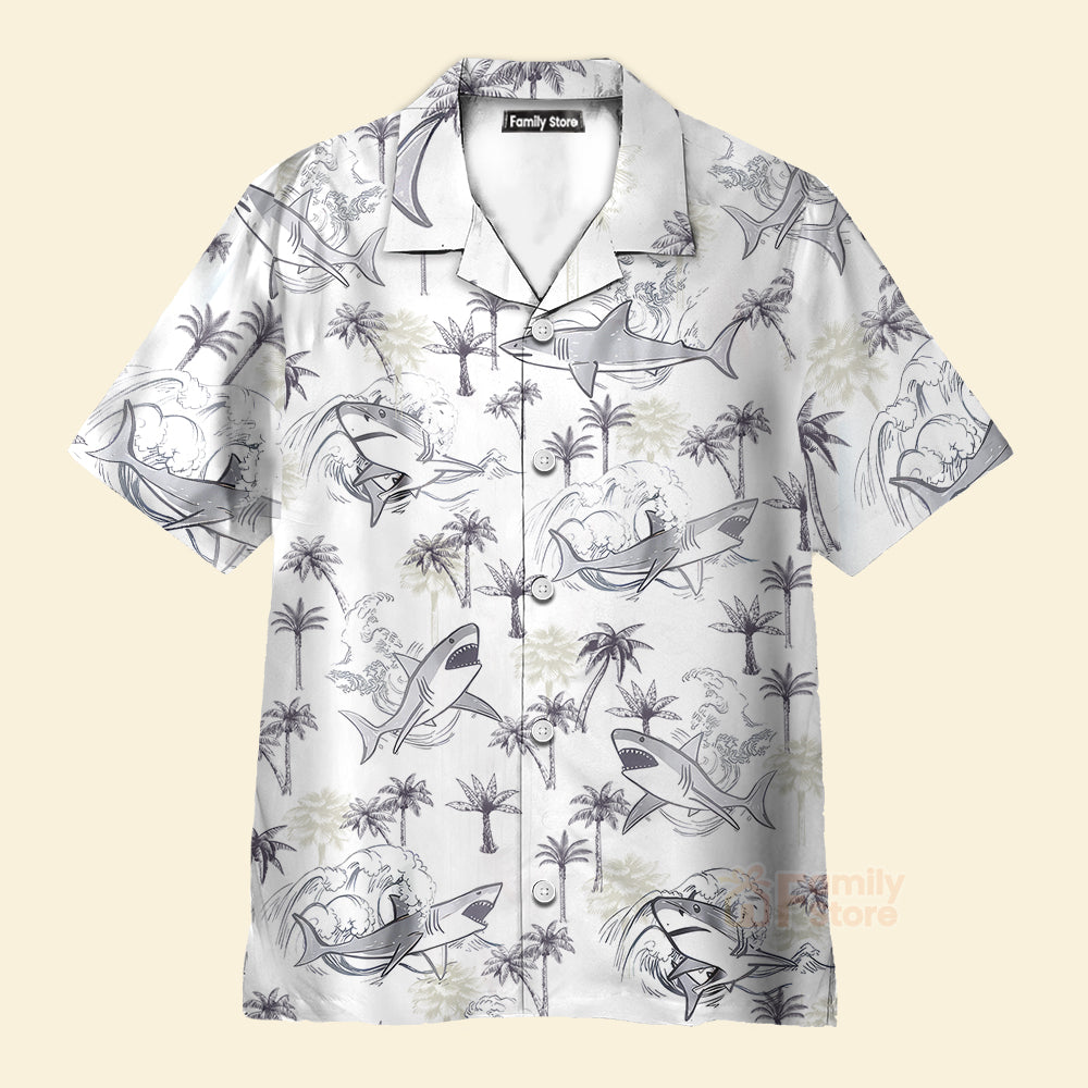 Retro Palm Tree & Shark Print Hawaiian Shirt - Beach Themed