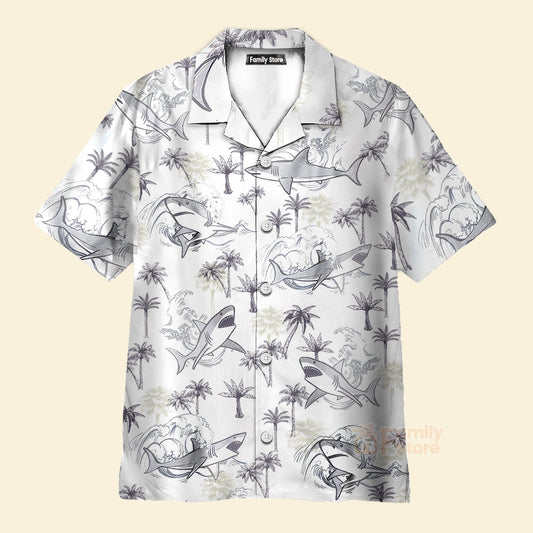 Retro Palm Tree & Shark Print Hawaiian Shirt - Beach Themed