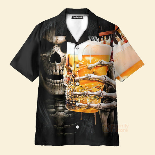 Skeleton Drinking Beer Chest Pocket Short Sleeve Casual Hawaiian Shirt