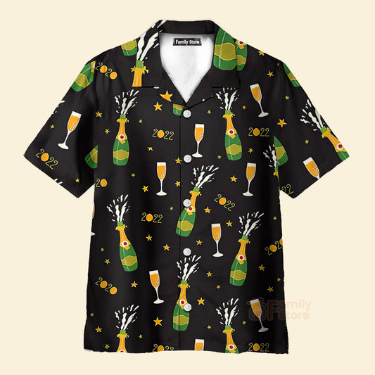 Happy New Year Champagne Bottle And Glass Lovely Pattern Hawaiian Shirt