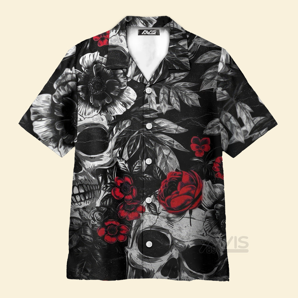 Skull Rose Print Black And Red - Hawaiian Shirt