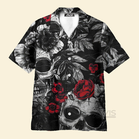 Skull Rose Print Black And Red - Hawaiian Shirt