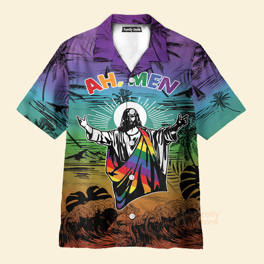 Ah Men Funny Jesus Lgbt Pride Aloha Hawaiian Shirt