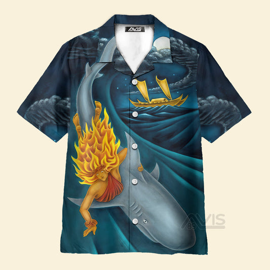 Shark Surfing In The  Ocean Blue Pattern - Hawaiian Shirt
