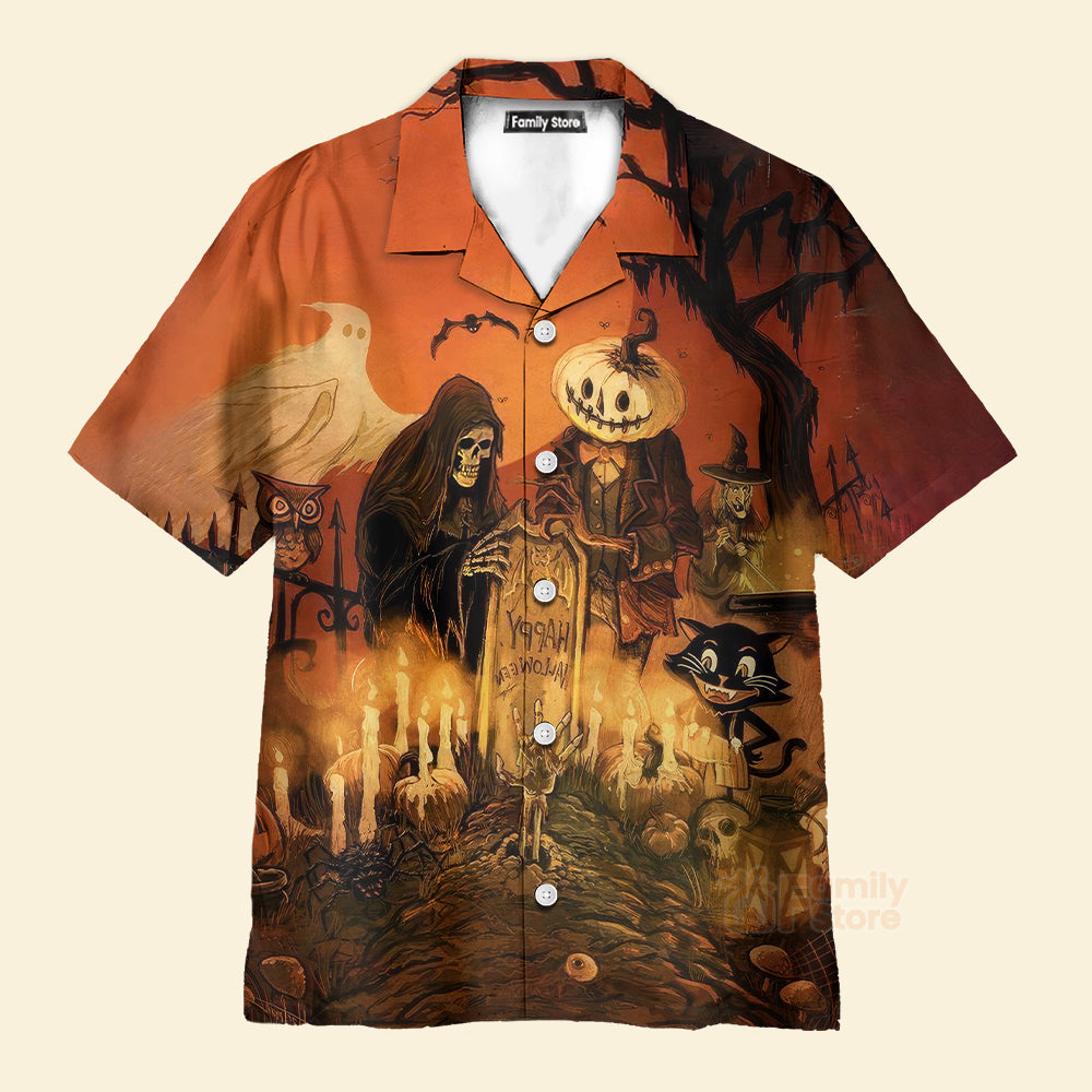 Vintage Halloween Grim Reaper, Black Cat - Hawaiian Shirt
