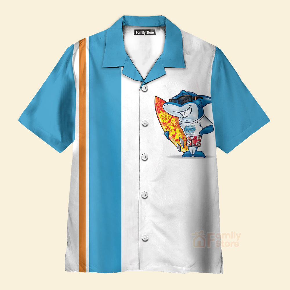 Cartoon Retro Surf Shark Chest Pocket Short Sleeve Hawaiian Shirt