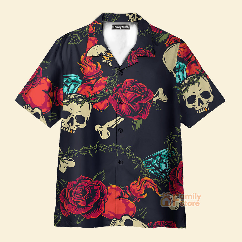 Vintage Black Skull Heart Rose Easy Care - Hawaiian Shirt