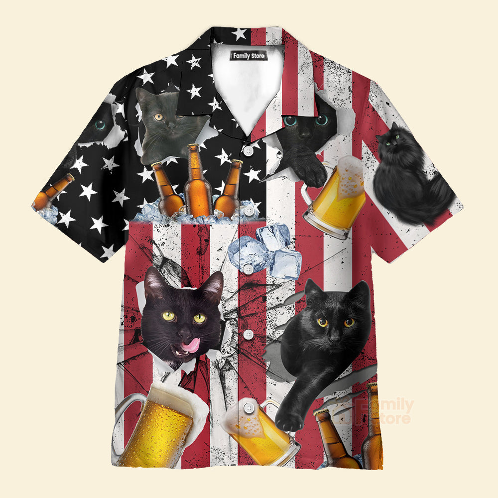 Beer And Black Cat American Flag Vintage - Hawaiian Shirt