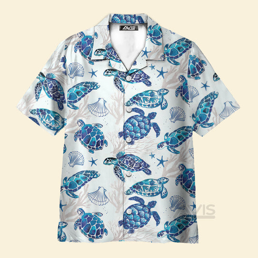 Blue Sea Turtle And Mussel Pattern - Hawaiian Shirt