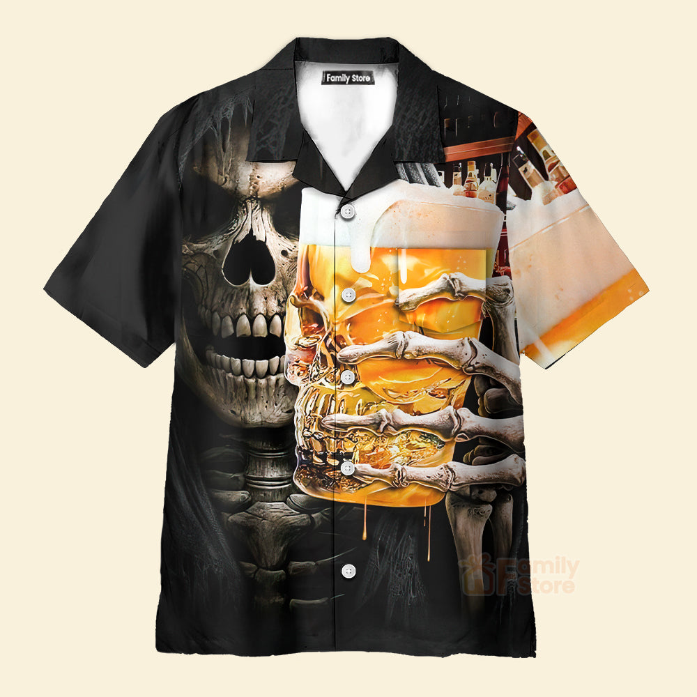 Skeleton Drinking Beer Chest Pocket Short Sleeve Casual Hawaiian Shirt