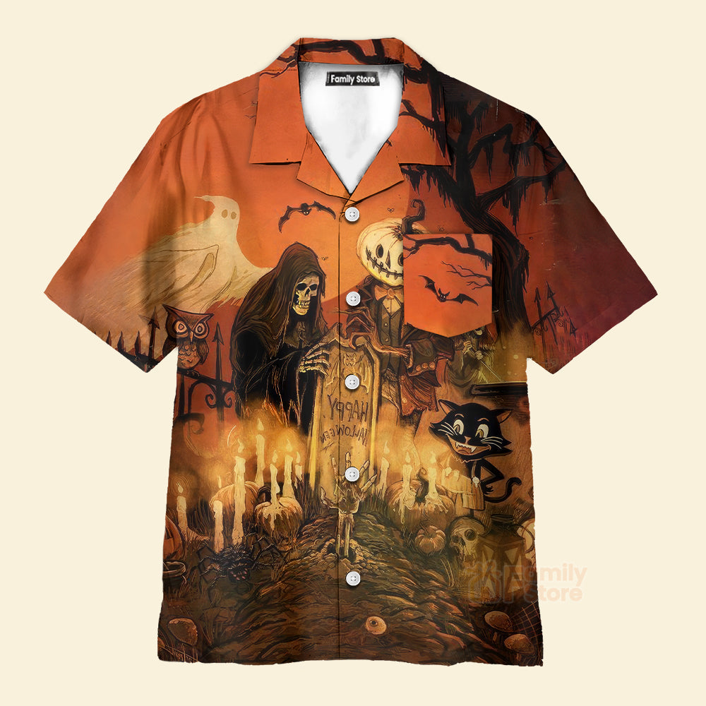 Vintage Halloween Grim Reaper, Black Cat - Hawaiian Shirt
