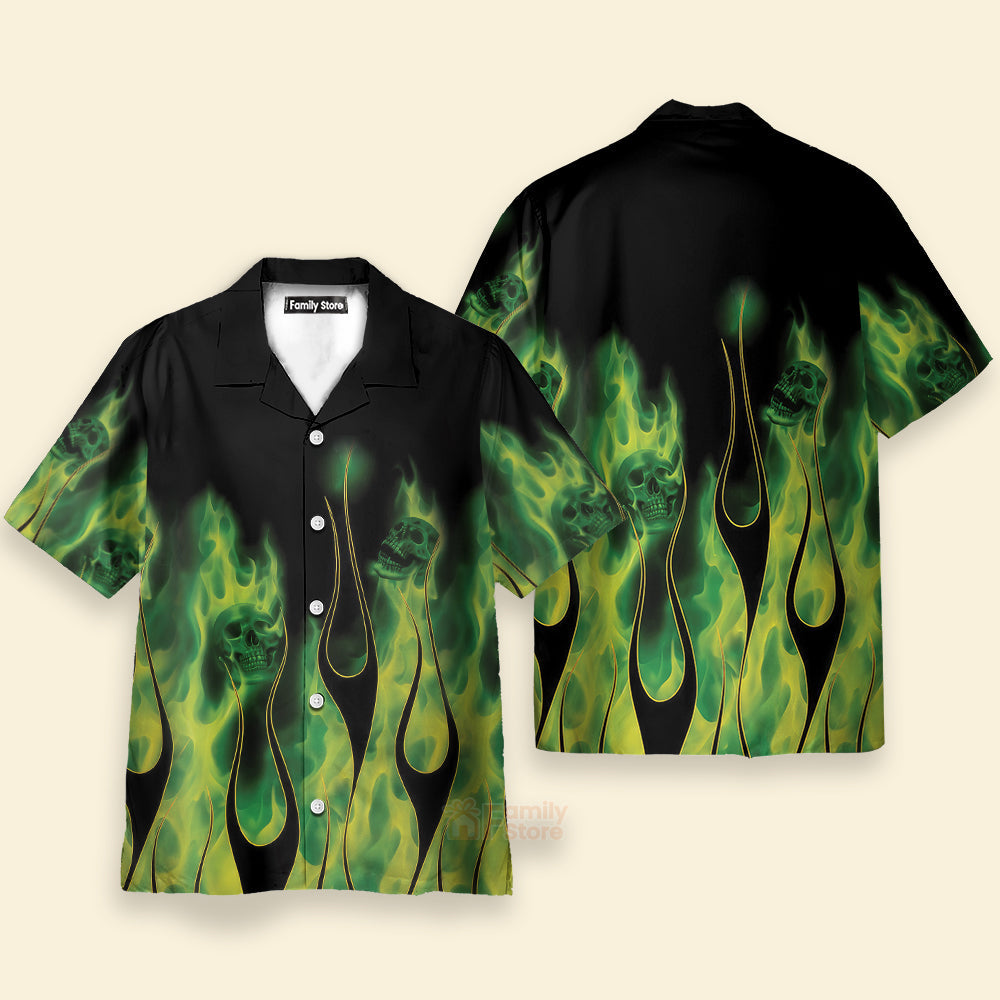 Green Flame Skull Flame - Chest Pocket Short Sleeve Hawaiian Shirt
