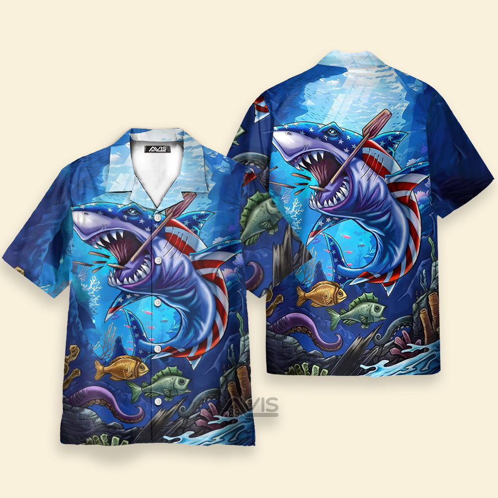Angry Shark The US Flag - Hawaiian Shirt