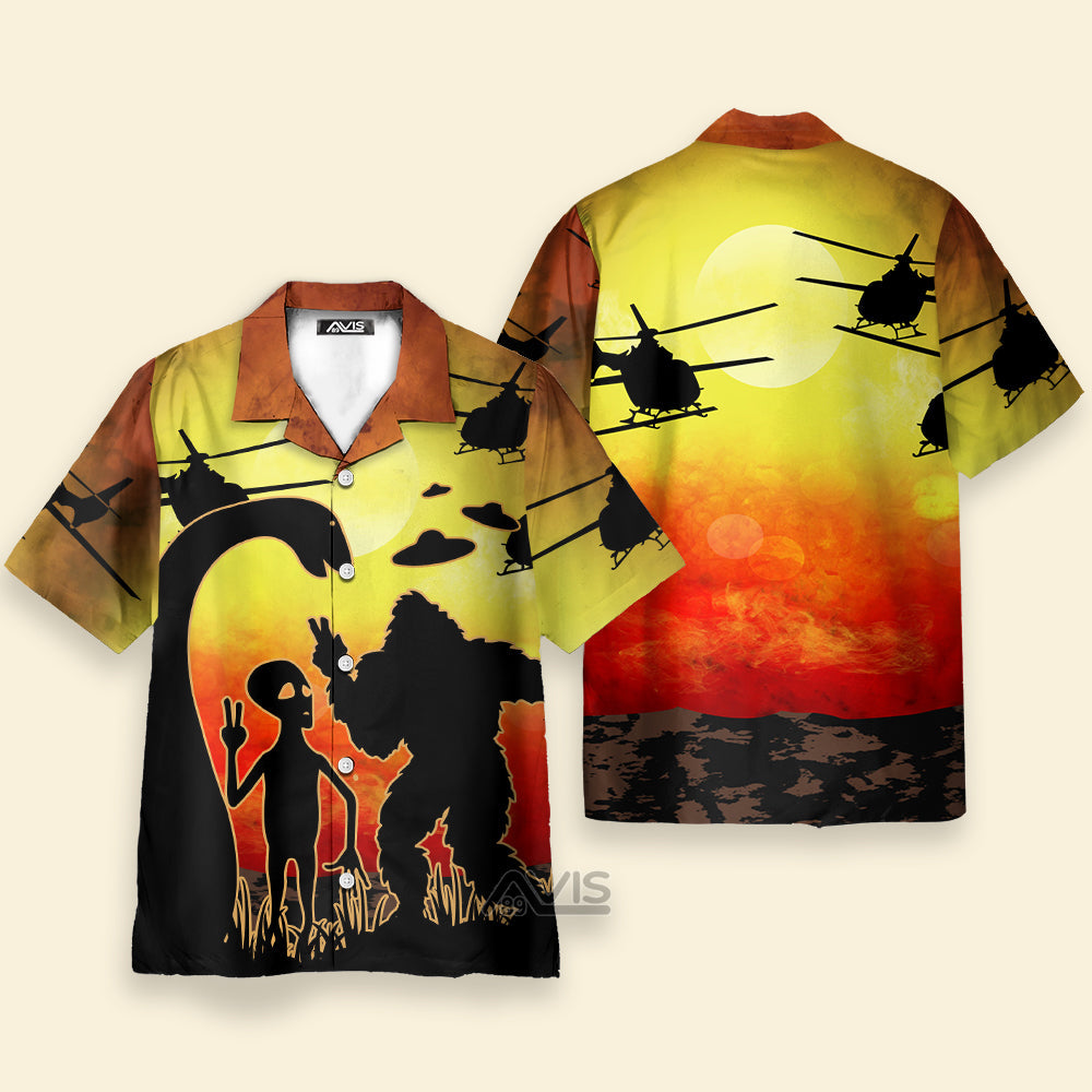 Bigfoot Alien And Helicopter - For Men And Women - Hawaiian Shirt