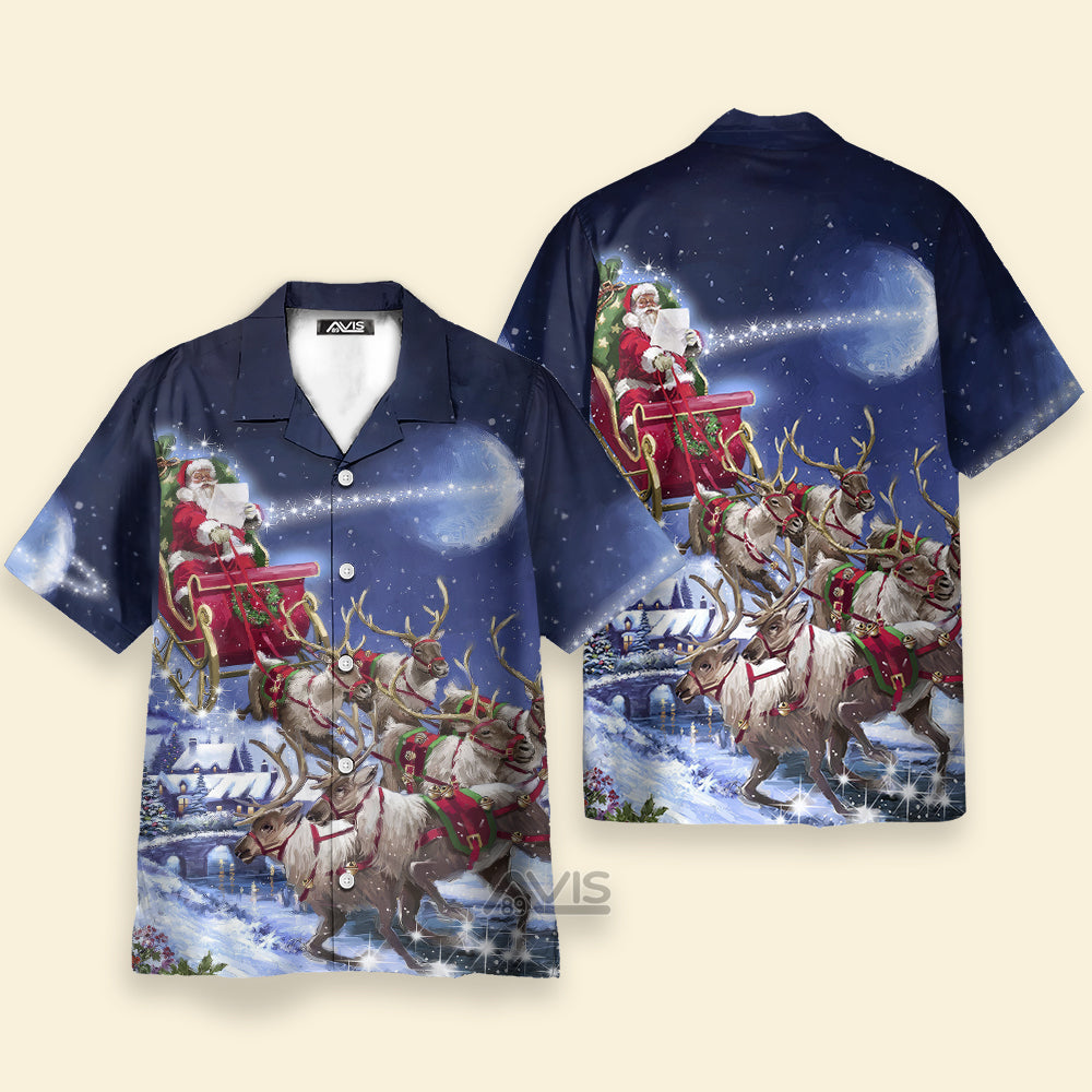 Santa Claus With Reindeer On Christmas Day - Hawaiian Shirt