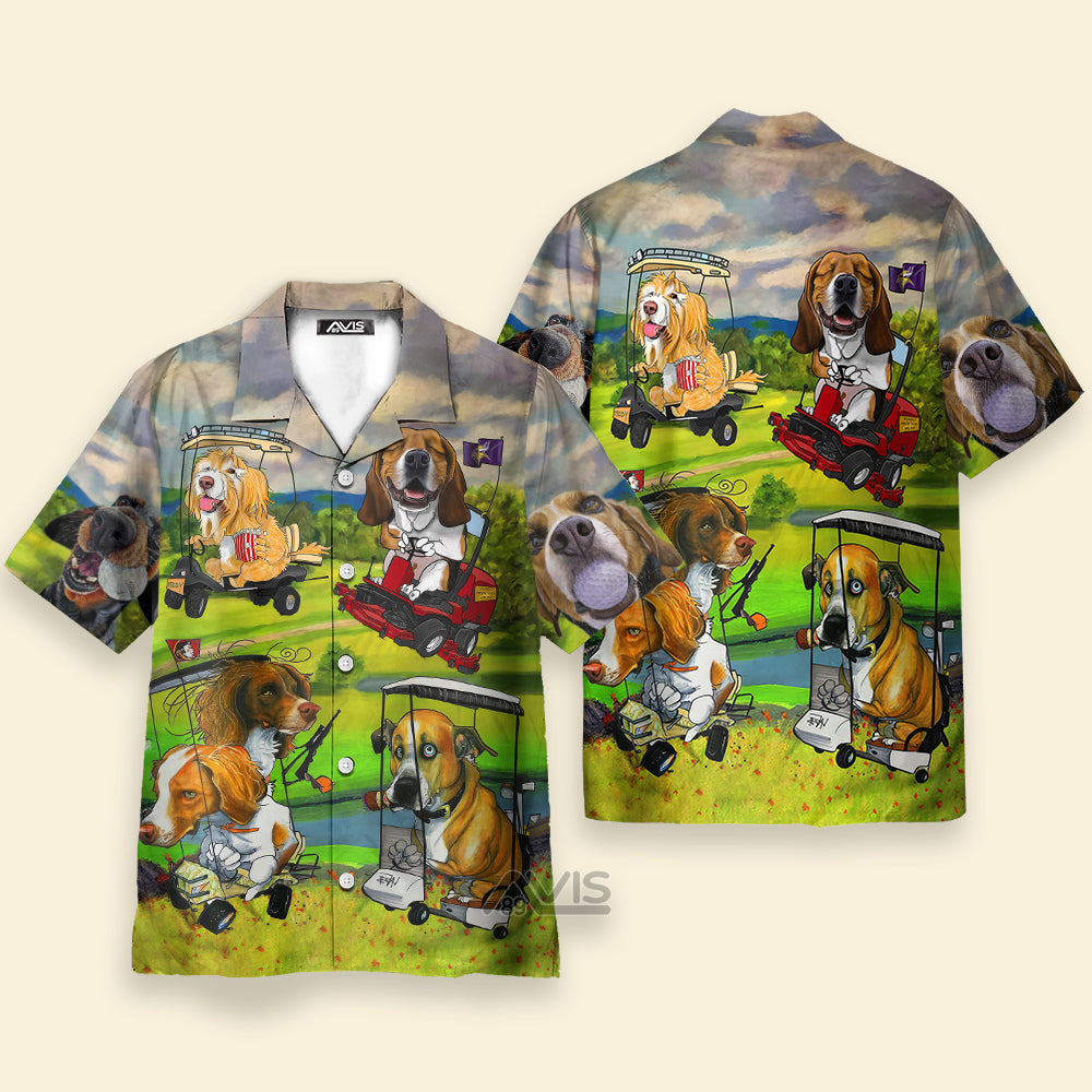 Golf Dog Driving Golf Cart Art Style - Gift For Dog Lovers - Hawaiian Shirt