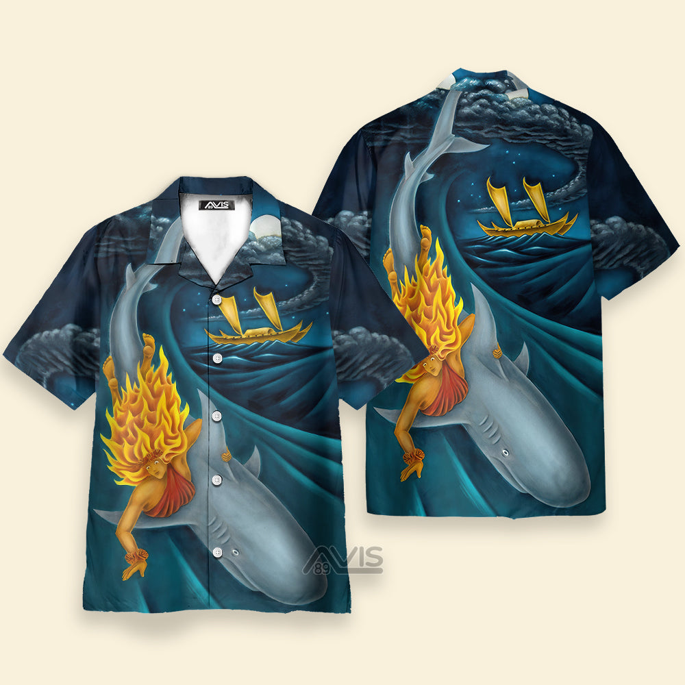 Shark Surfing In The  Ocean Blue Pattern - Hawaiian Shirt