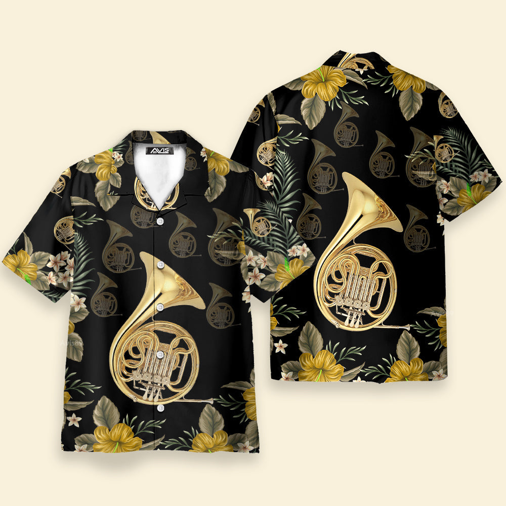 French Horn Black Music Instrument - Hawaiian Shirts