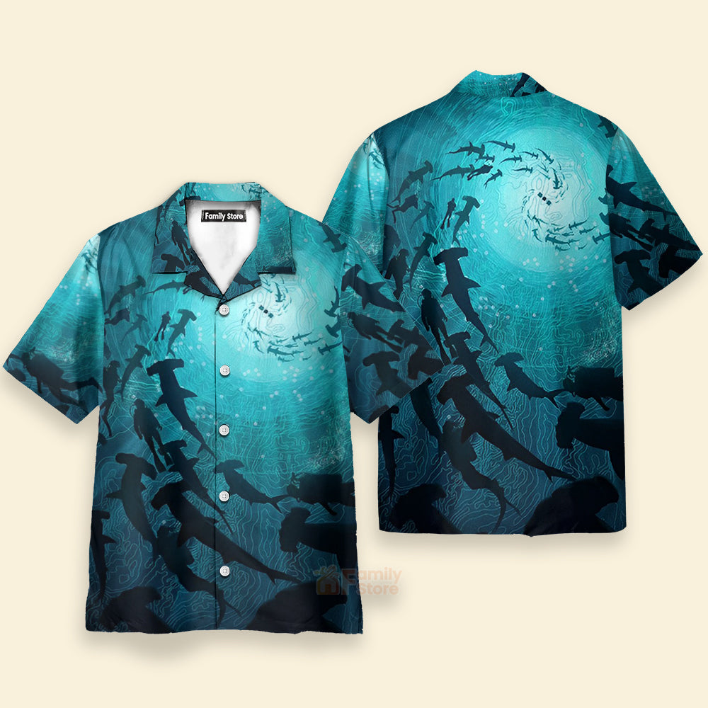 Ocean Themed Marine Life Shark - Chest Pocket Short Sleeve Hawaiian Shirt