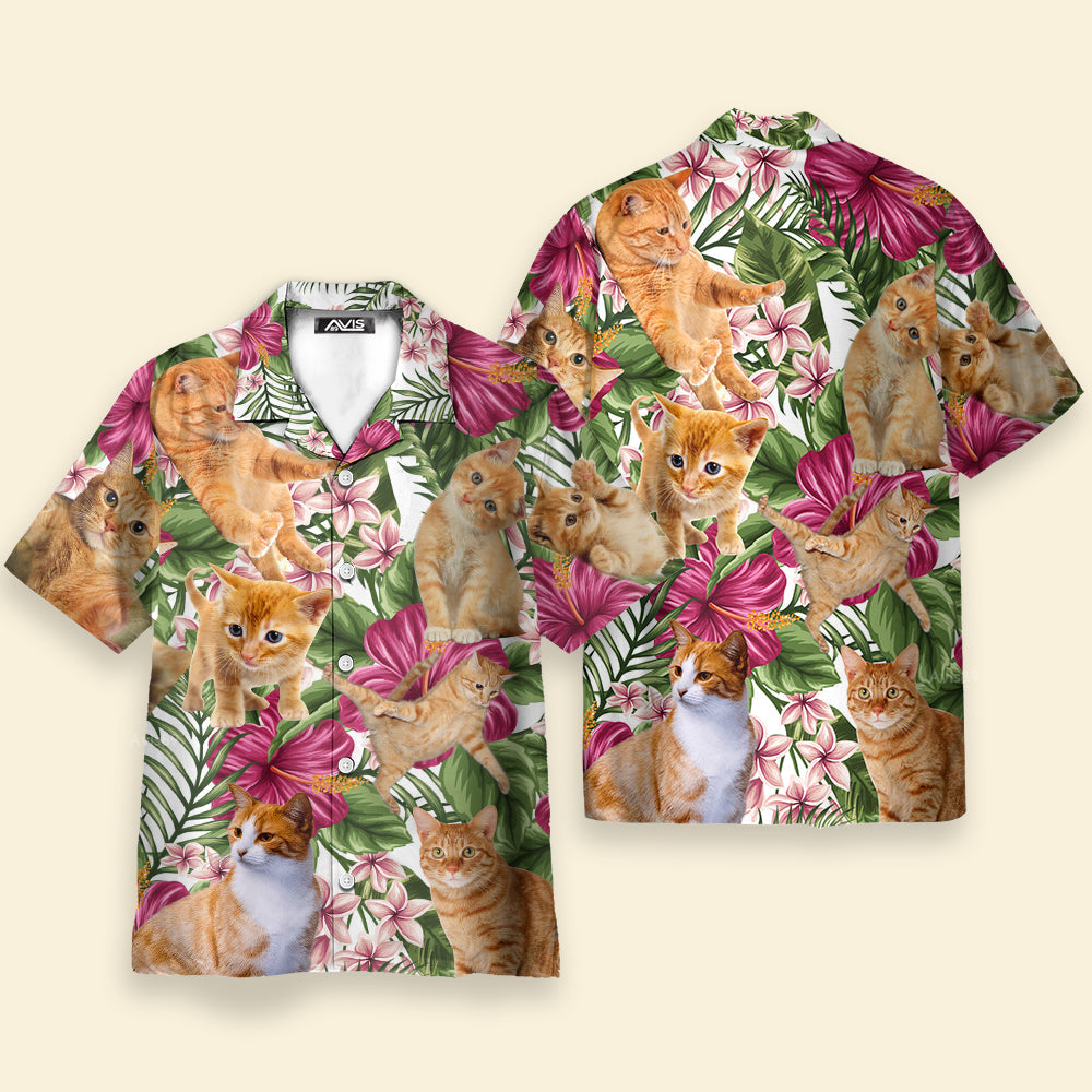 Cat Tropical Floral Orange Cat - Hawaiian Shirt