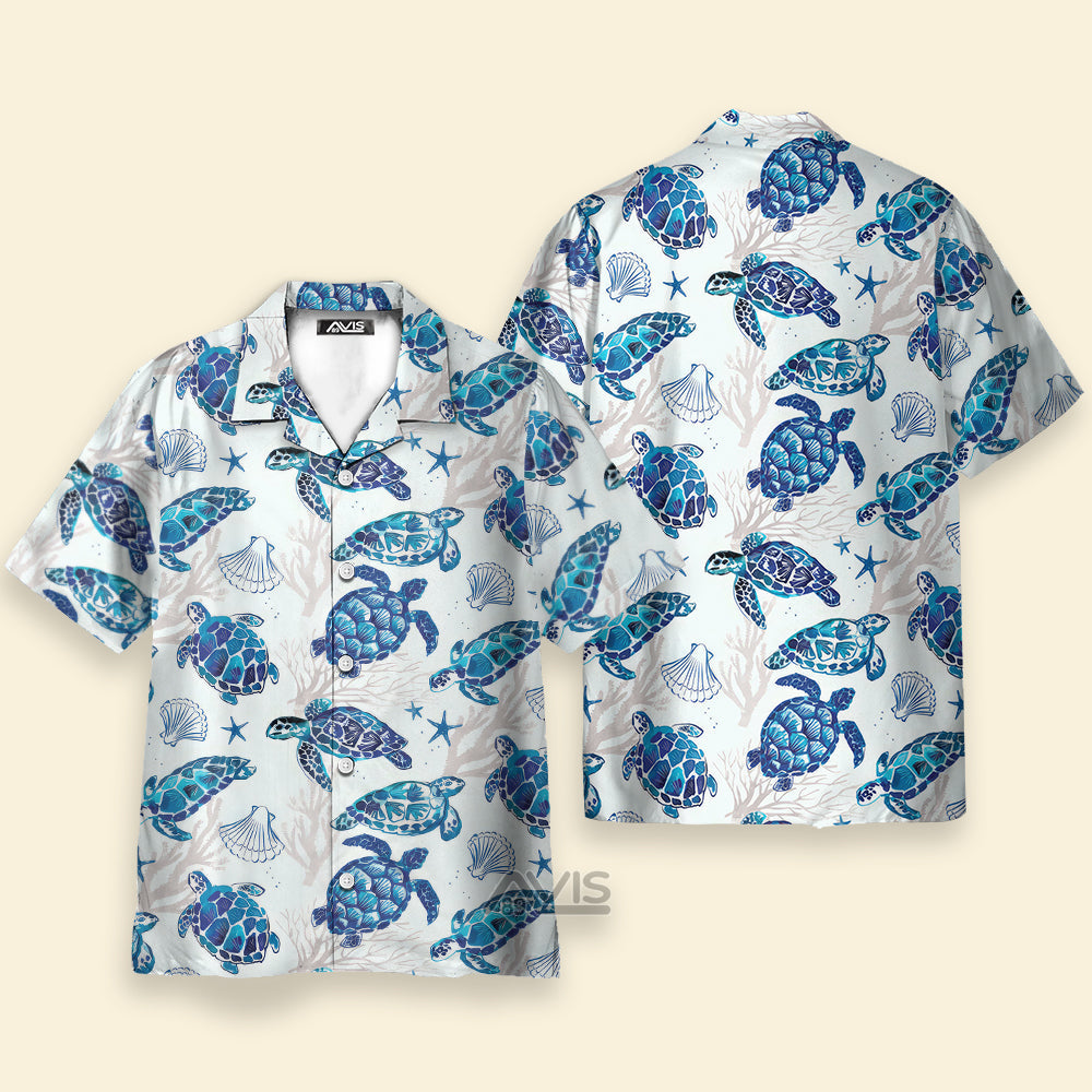 Blue Sea Turtle And Mussel Pattern - Hawaiian Shirt