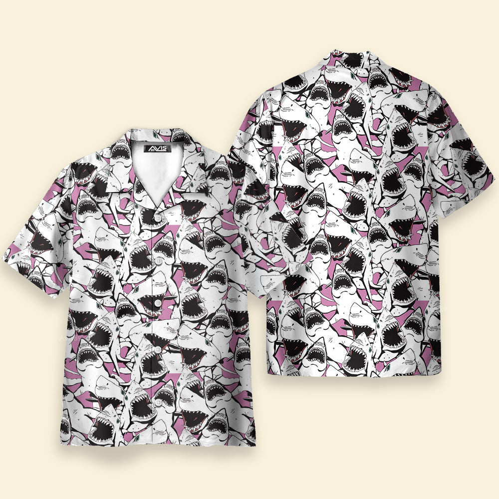 Shark Pattern White Pink - For Men And Women - Hawaiian Shirt