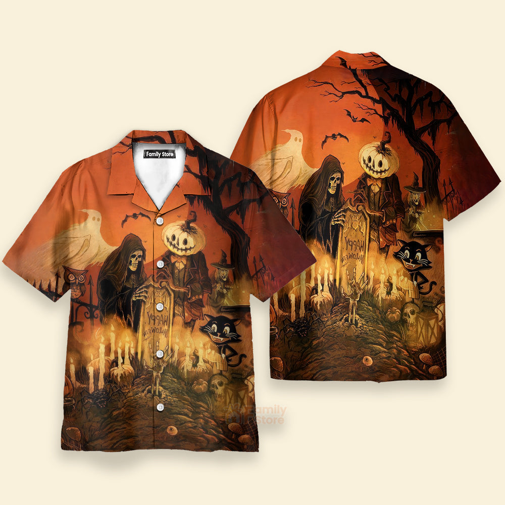 Vintage Halloween Grim Reaper, Black Cat - Hawaiian Shirt