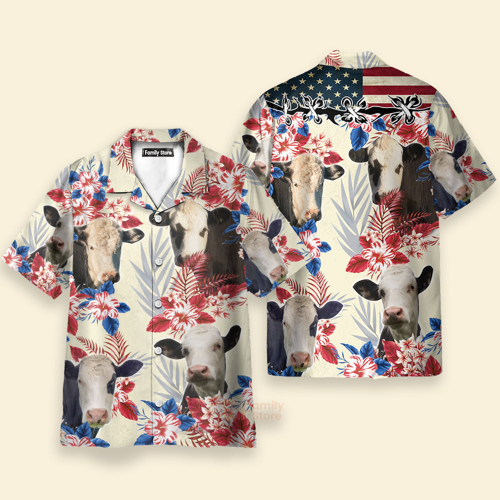 Black Baldy Pattern US Flag Hawaiian Shirt, Farm Cow Hawaiian Shirt