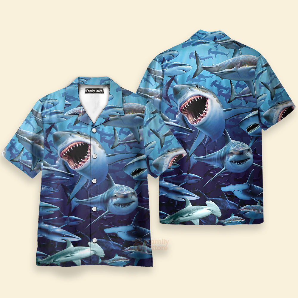 Shark Family Hunting Together Hawaiian Shirt
