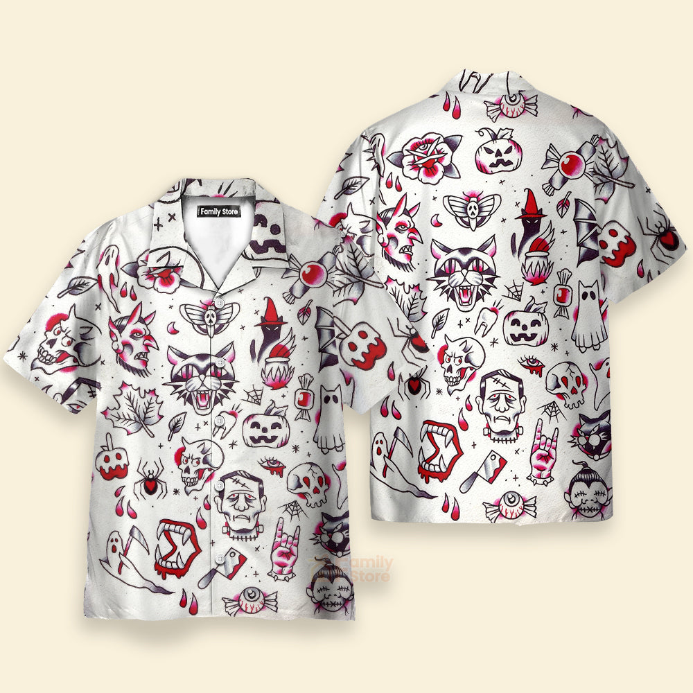 Fun Halloween Elements Tattoo Style Hawaiian Shirt