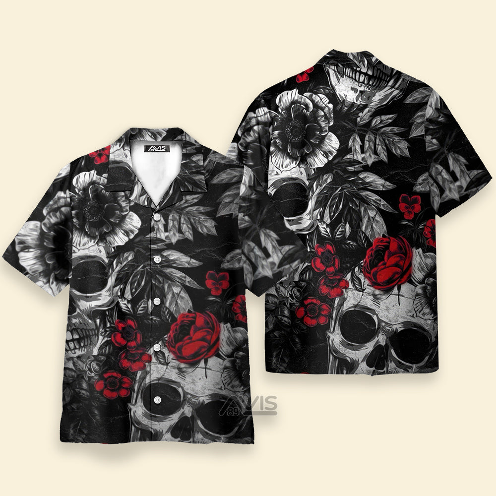 Skull Rose Print Black And Red - Hawaiian Shirt