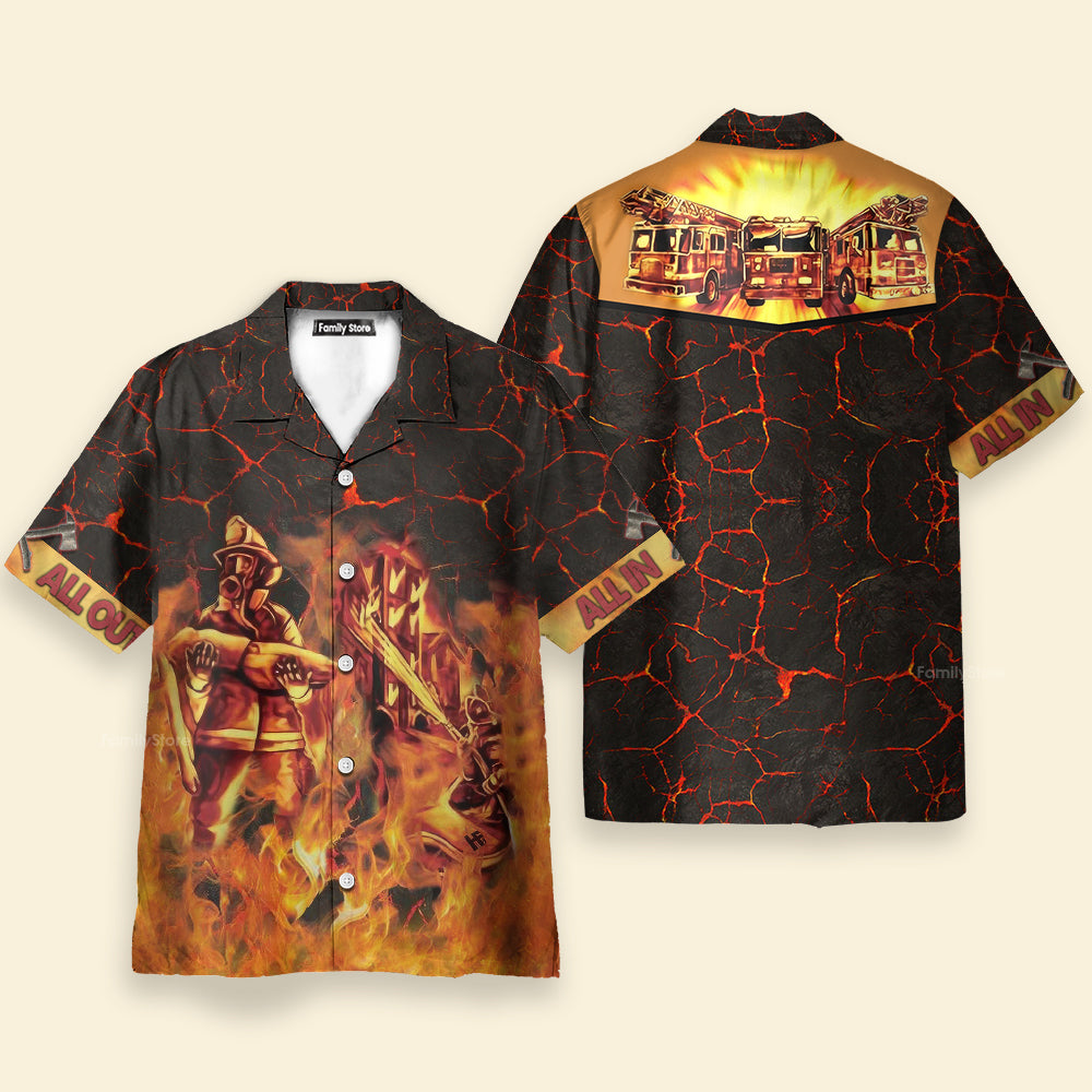 Fire Truck On Flame Firefighter Hawaiian Shirt For Men