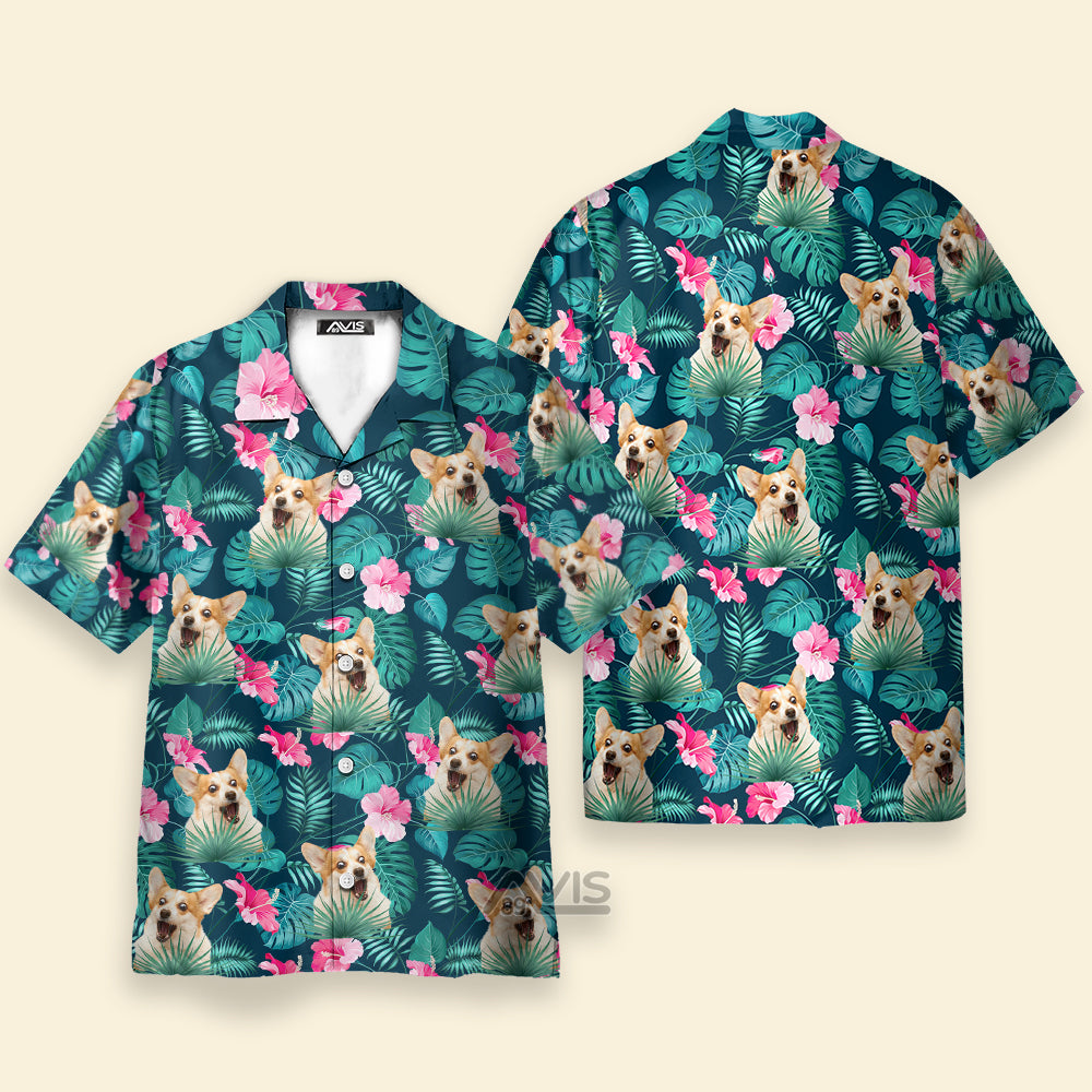 Custom Photo Dog Face Floral Leaves Tropical Pattern - Gift For Dog Lovers - Hawaiian Shirt