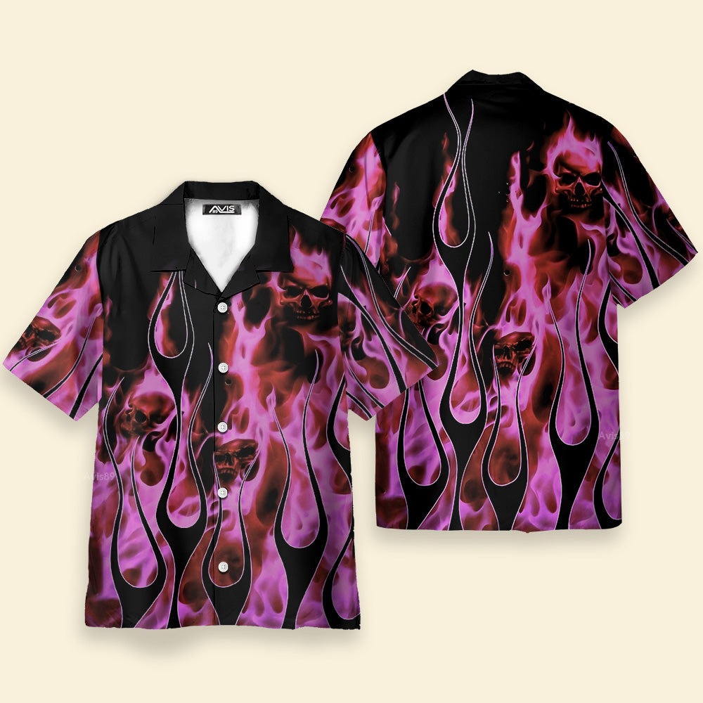 Casual Light Pink Flame Skull Print Aloha Shirt