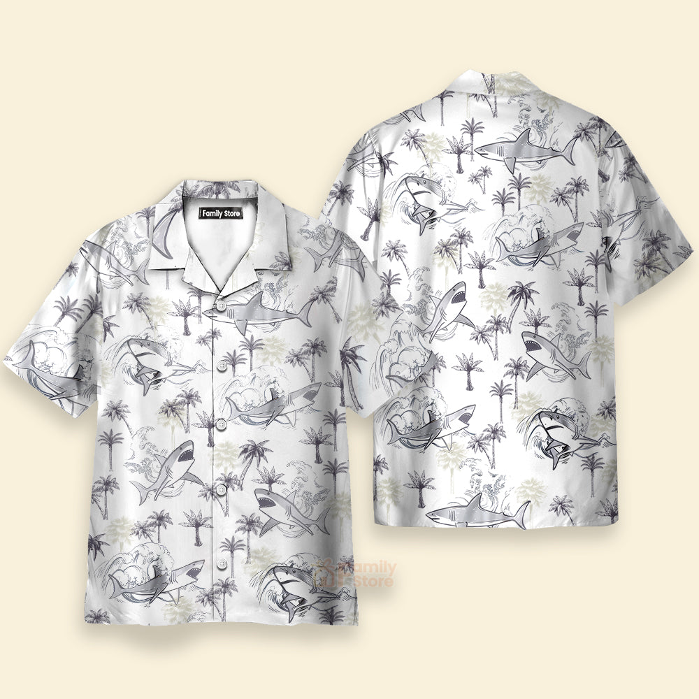 Retro Palm Tree & Shark Print Hawaiian Shirt - Beach Themed