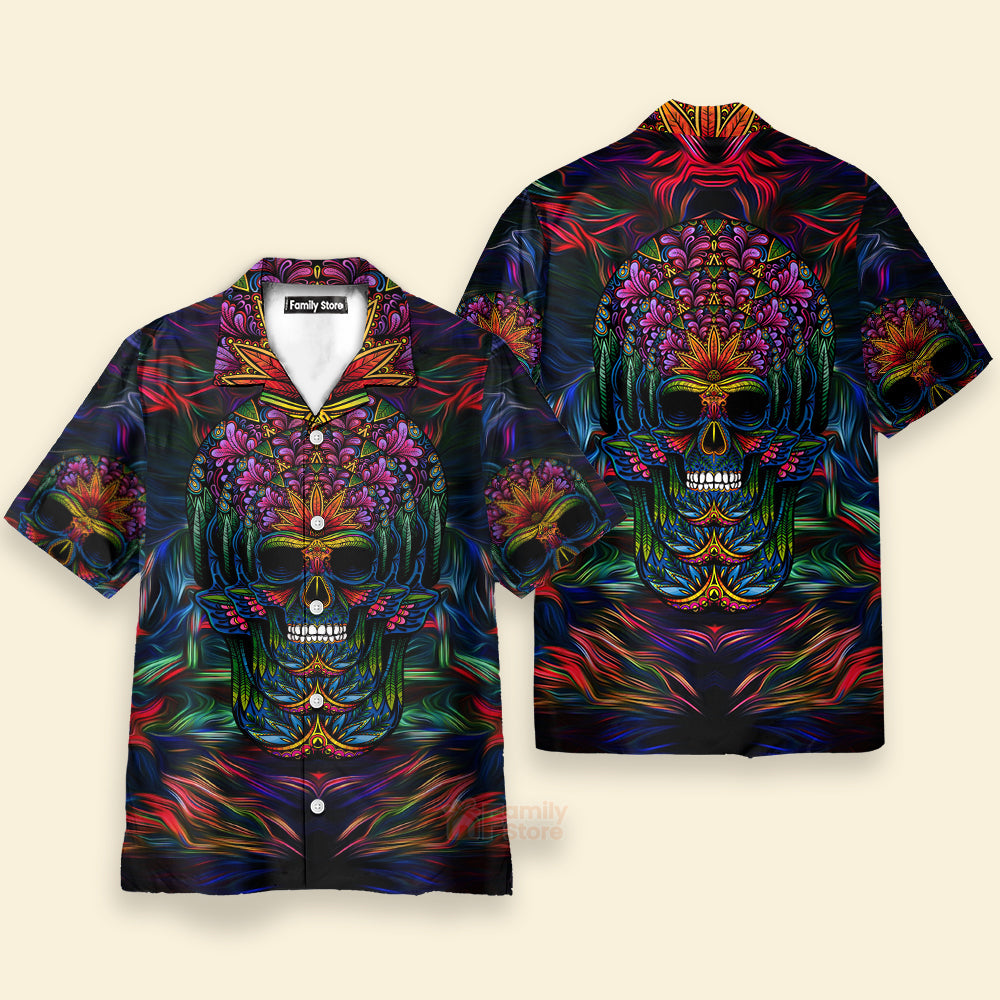 Skull Neon Light And Flower Pattern - Hawaiian Shirt
