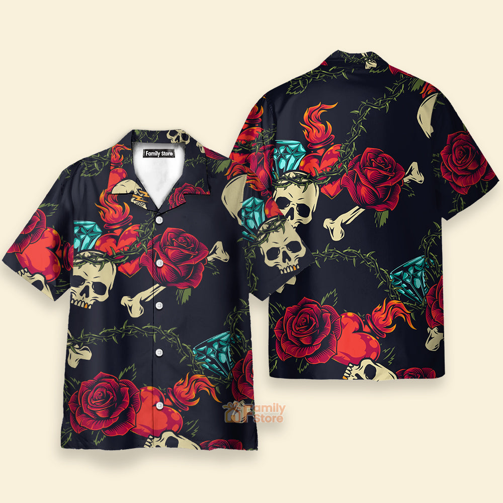 Vintage Black Skull Heart Rose Easy Care - Hawaiian Shirt