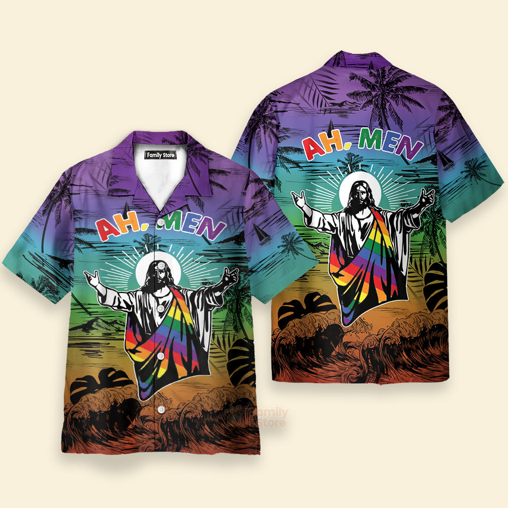 Ah Men Funny Jesus Lgbt Pride Aloha Hawaiian Shirt