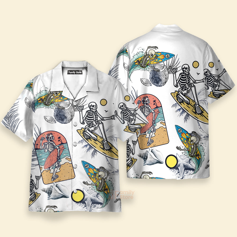 Skeleton Surfing Print Short Sleeve Button Down Shirt