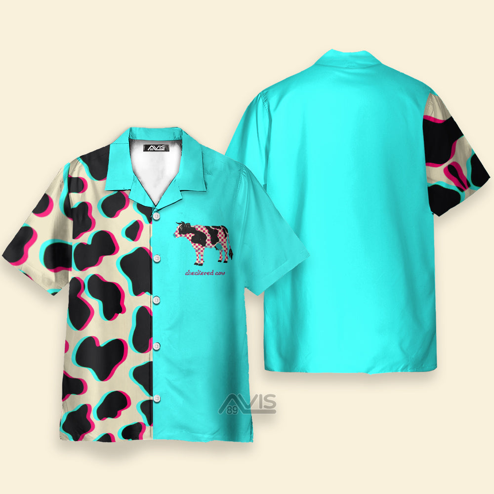 Checkered Cow Pattern Cream And Blue - Hawaiian Shirt