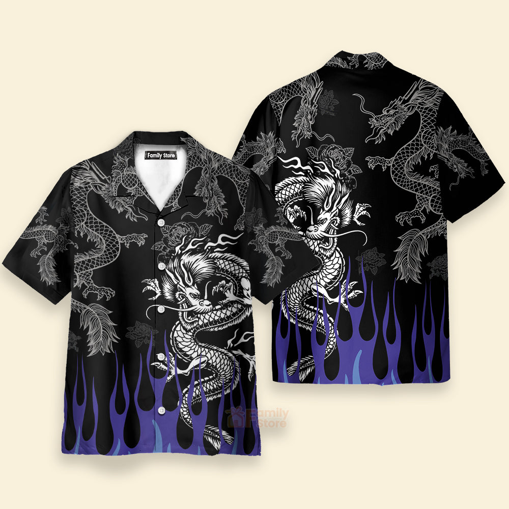 Tribal Tattoo Dragon With Blue Flame Hawaiian Shirt