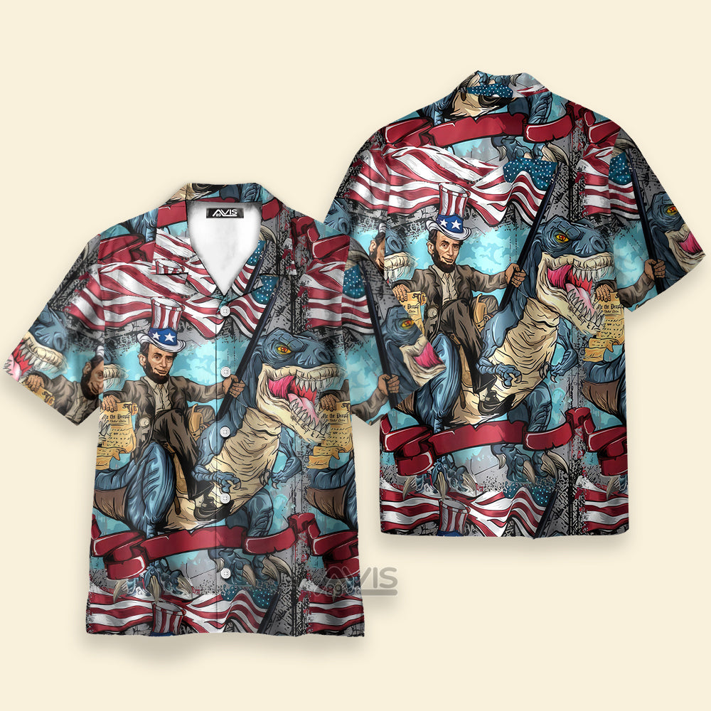 Abraham Lincoln The US Flag And Dinosaur - Hawaiian Shirt