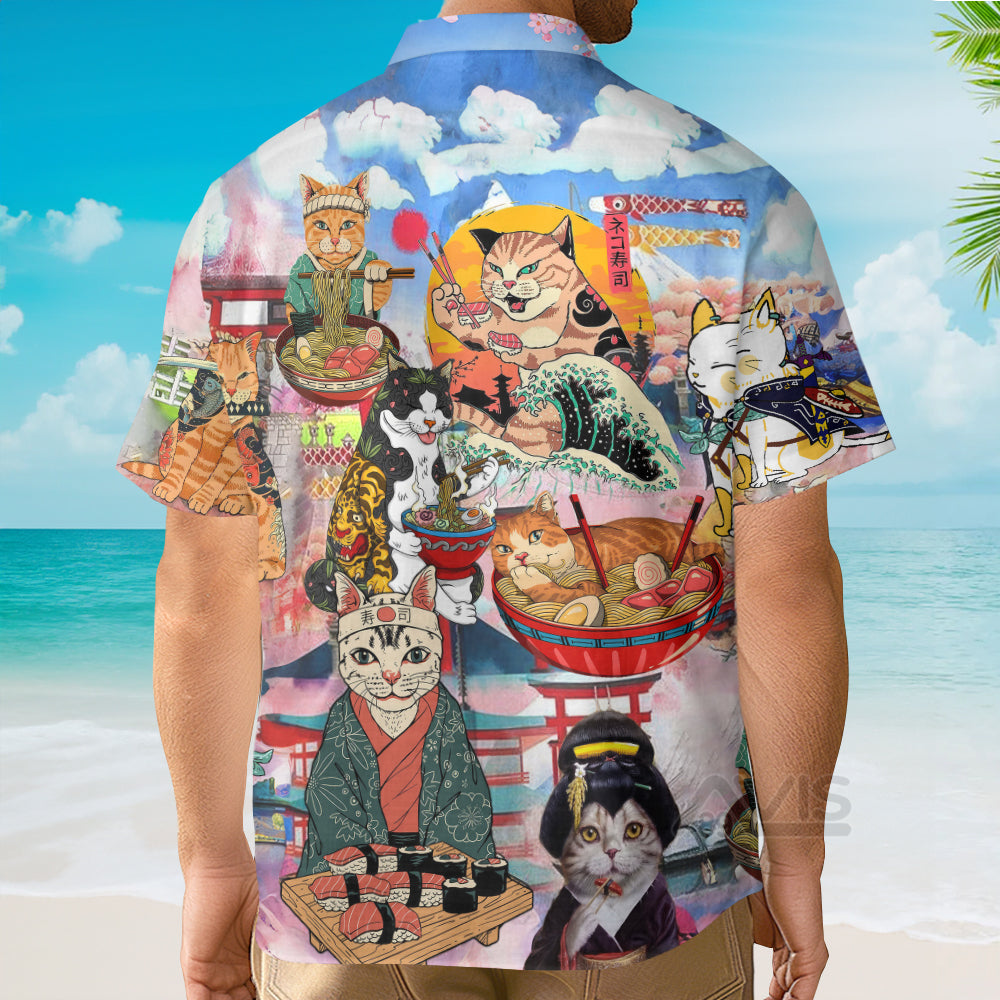 Cat Samurai With Ramen Lovely - Hawaiian Shirt