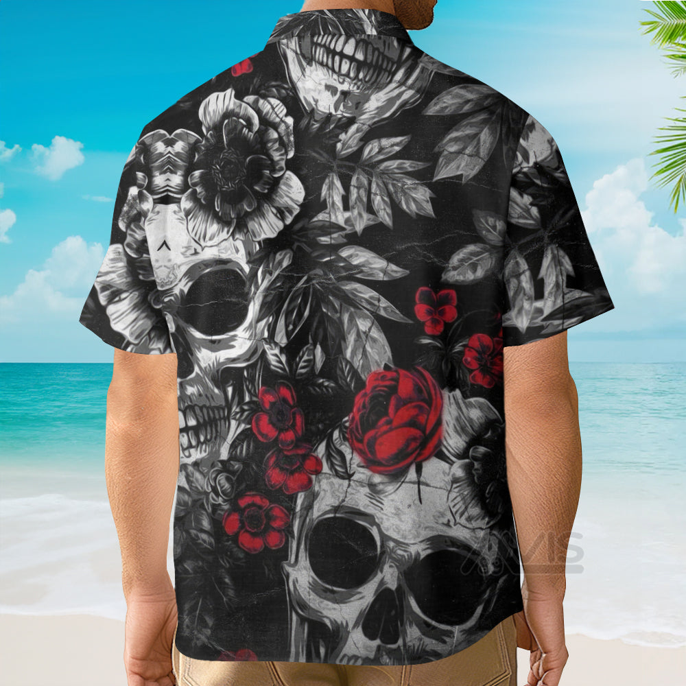 Skull Rose Print Black And Red - Hawaiian Shirt