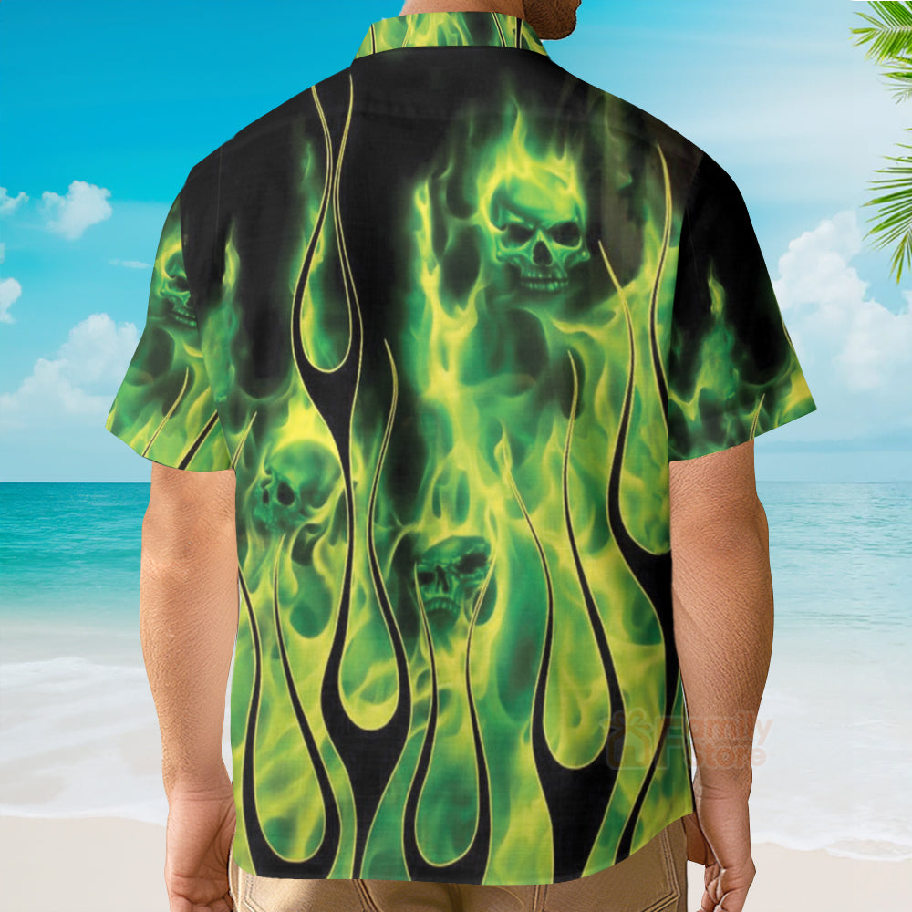 Casual Green Flame Skull Print Aloha Shirt